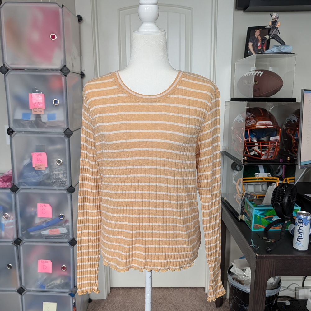 American Eagle Y2K Yellow White Long Sleeve Lettuce Hem Ribbed Top Size XL